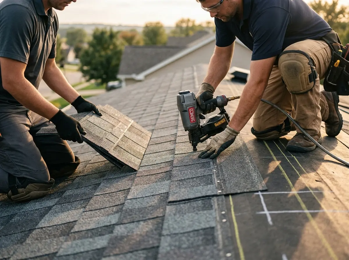 Professional roofer working on a residential roof in Des Peres